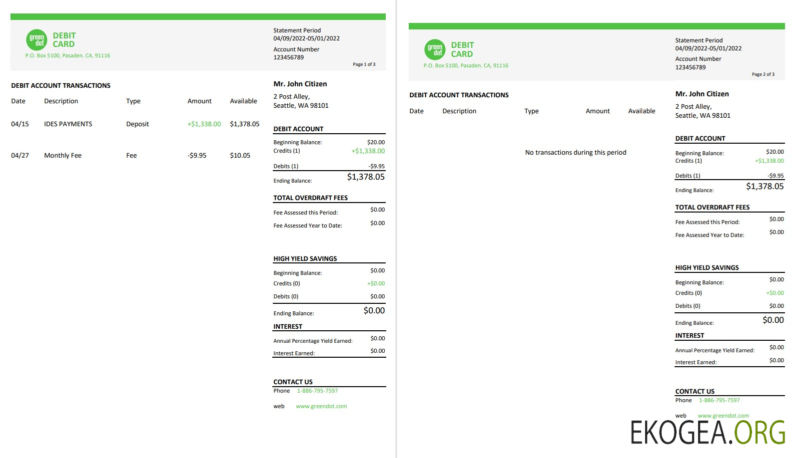 Relevé bancaire USA Green Dot, 3 pages template Relevé bancaire USA Green Dot, 3 pages template